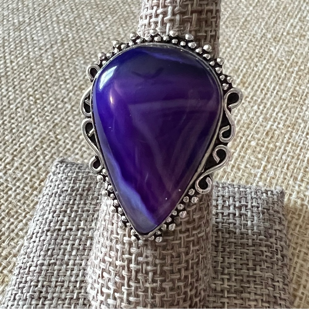 New Purple Agate Stone Crystal Silver Overlay Ring 7